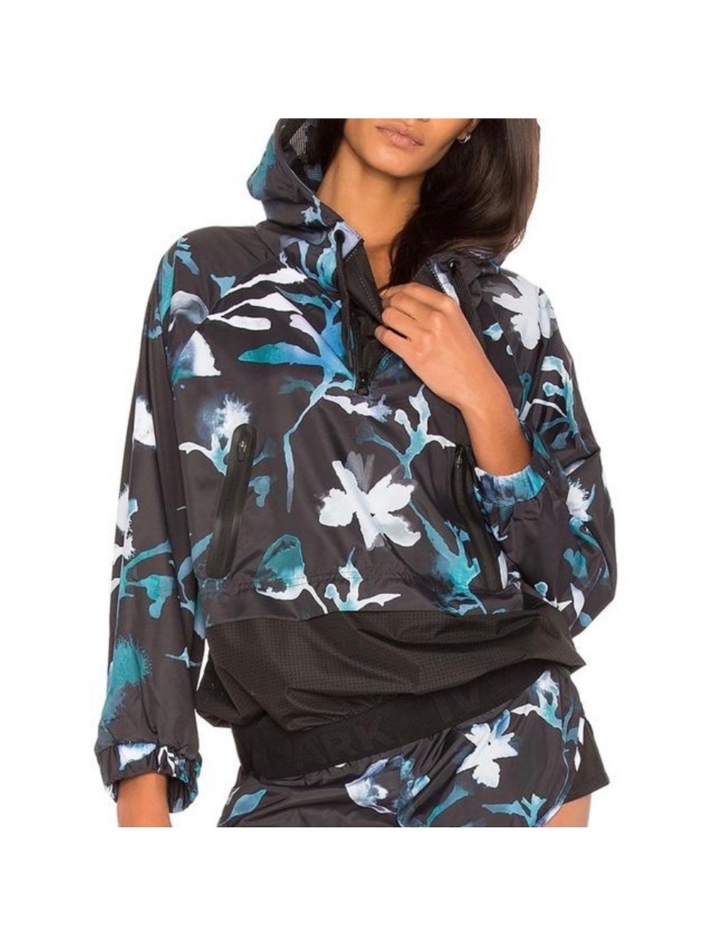 Ivy Park by Beyoncé Floral Cloud Print Hooded Windbreaker Jacket in Teal & black